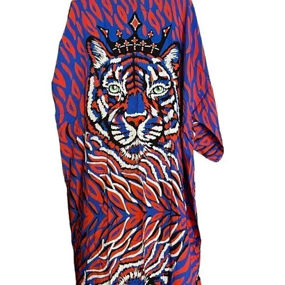 Women's Beach Swimsuit Bathing Suit Coverup, Blue, Red, Black, White Tiger Face - Picture 2 of 3